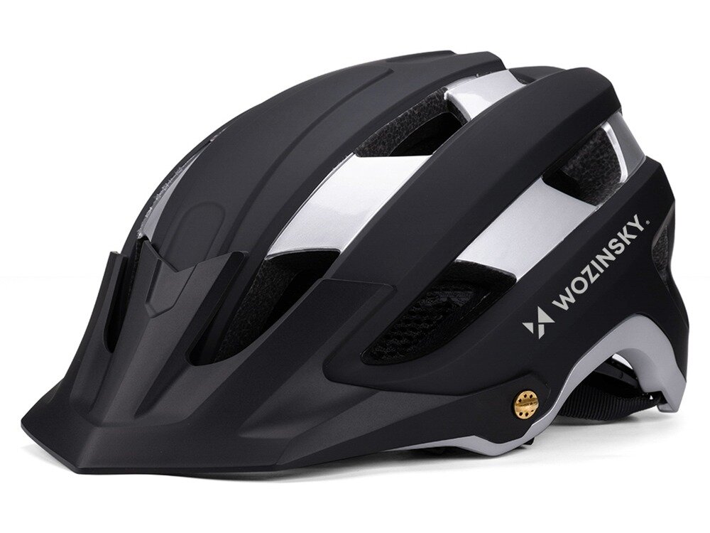 Czarno-srebrny kask rowerowy z napisem \'WOZINSKY\' na boku. Kask ma aerodynamiczny kształt z otworami wentylacyjnymi.