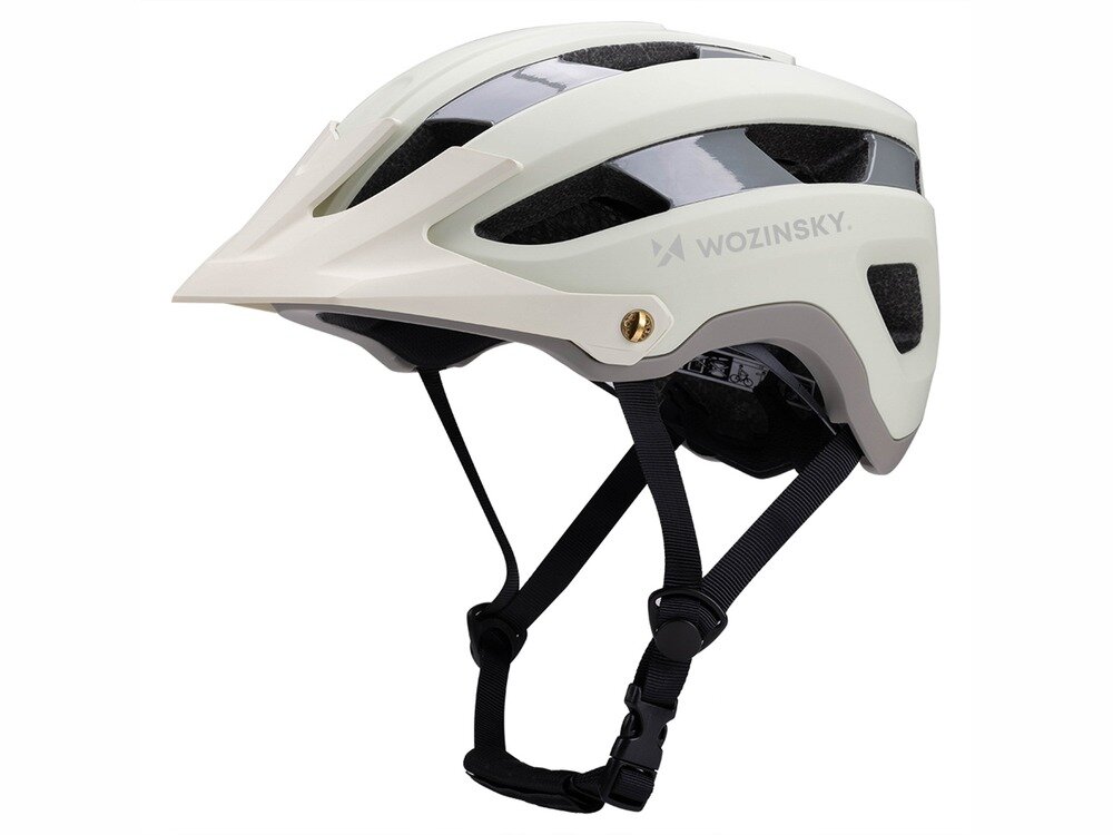 Kask rowerowy w pastelowej zieleni z widocznym logo \'WOZINSKY\'. Posiada regulowane paski i otwory wentylacyjne.