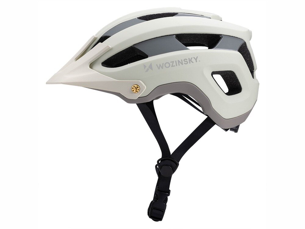 Kask rowerowy w pastelowej zieleni z widocznym logo \'WOZINSKY\'. Posiada otwory wentylacyjne i regulowane paski.