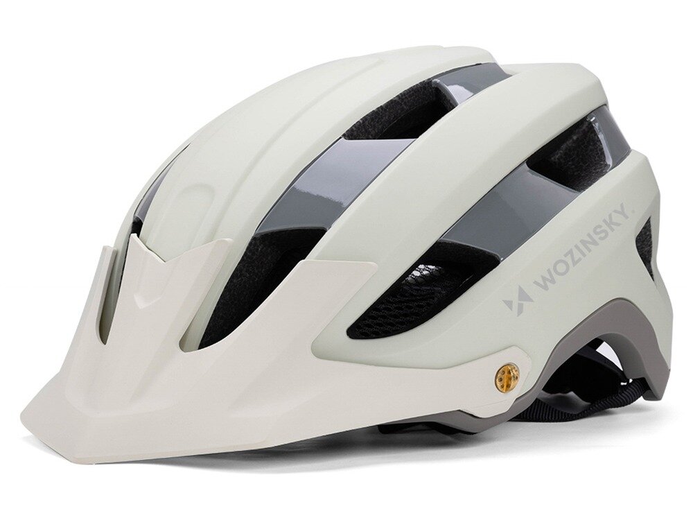 Kask rowerowy w pastelowej zieleni z widocznymi otworami wentylacyjnymi i napisem \'WOZINSKY\' na boku. Posiada daszek i elementy w kolorze szarym oraz złoty detal z boku.