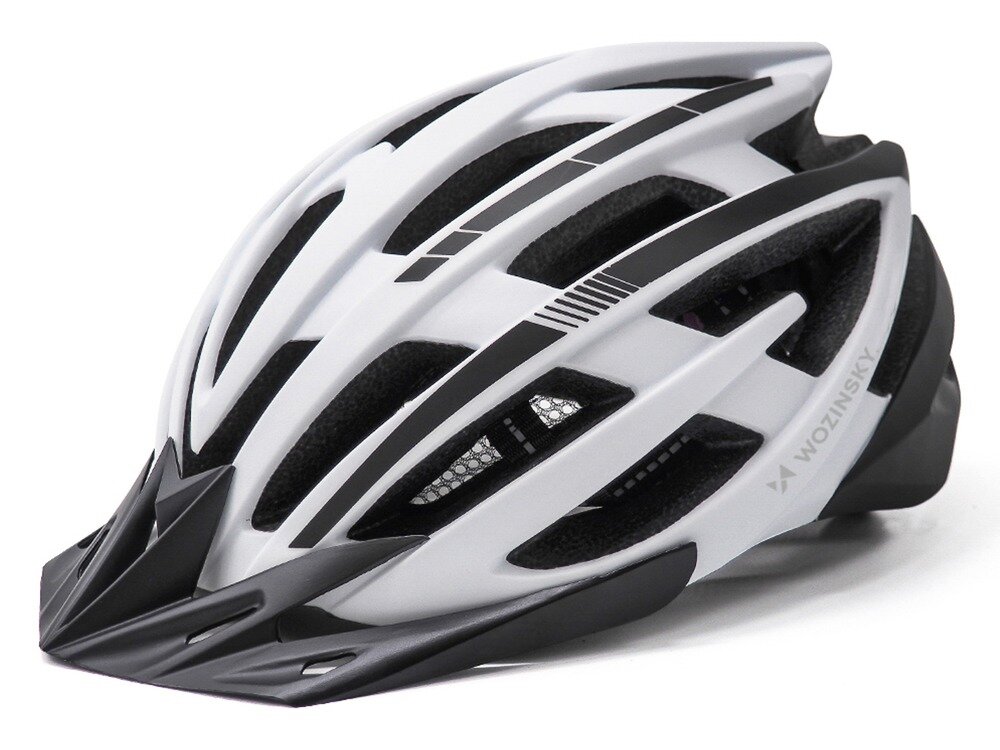 Czarno-biały kask rowerowy z licznymi otworami wentylacyjnymi i napisem \'WOZINSKY\' na boku. Kask posiada aerodynamiczny kształt i zintegrowaną lampkę.