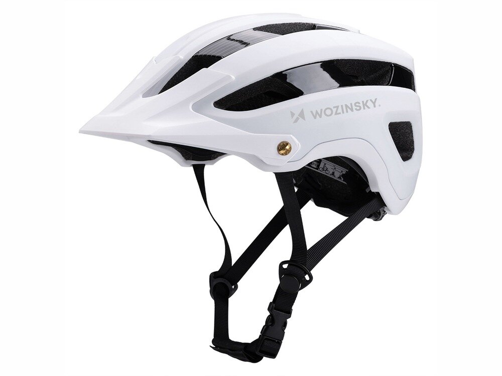 Czarno-biały kask rowerowy z napisem \'WOZINSKY\' na boku, posiada regulowane paski i otwory wentylacyjne.