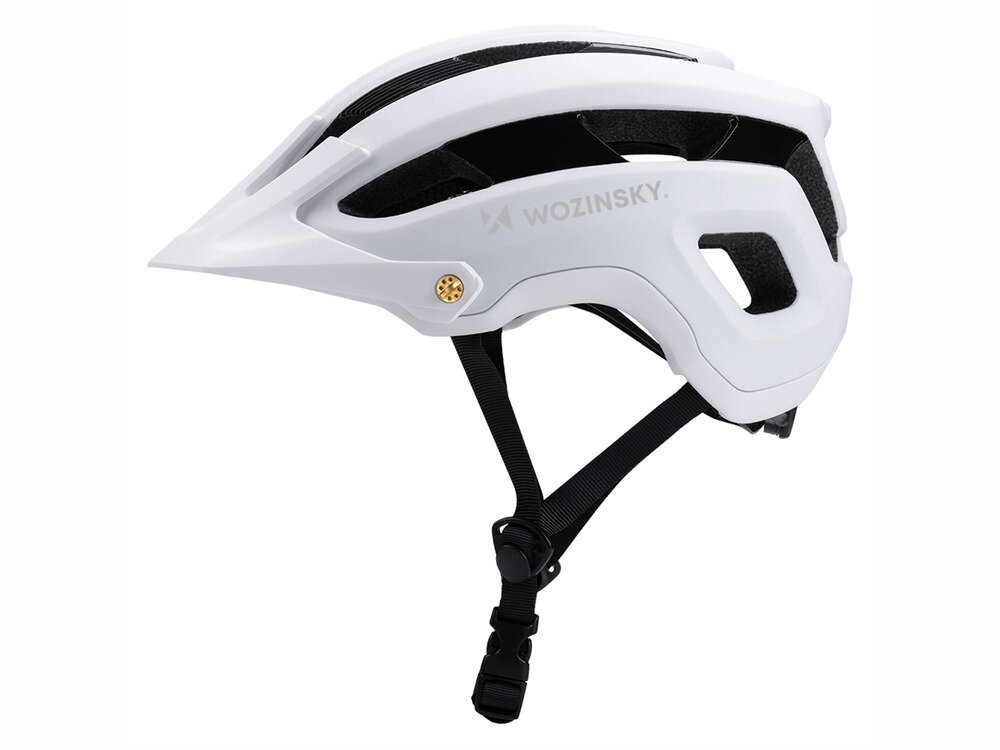 Czarno-biały kask rowerowy z napisem \'WOZINSKY\' na boku. Posiada regulowane paski i otwory wentylacyjne.