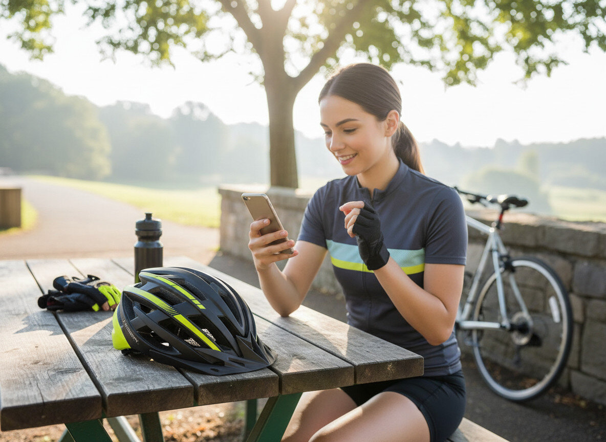 Na drewnianym stole piknikowym leży czarno-żółty kask rowerowy oraz rękawiczki, obok stoi bidon. W tle widać rower i osobę korzystającą z telefonu.
