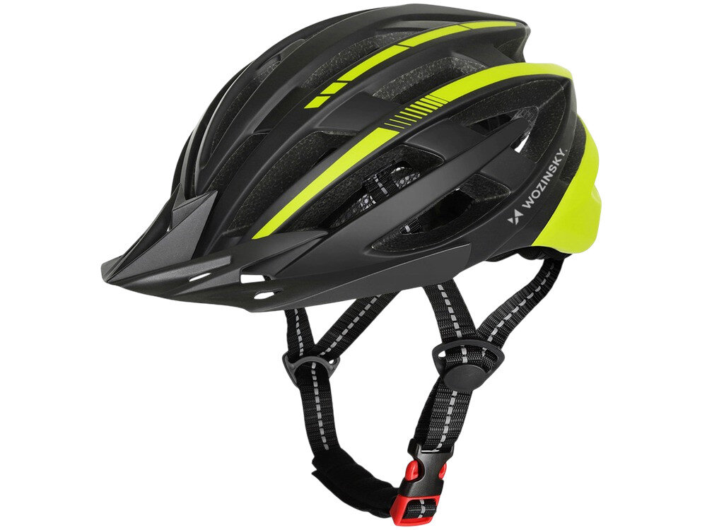 Czarno-żółty kask rowerowy z napisem \'WOZINSKY\' na boku. Posiada regulowane paski i otwory wentylacyjne.
