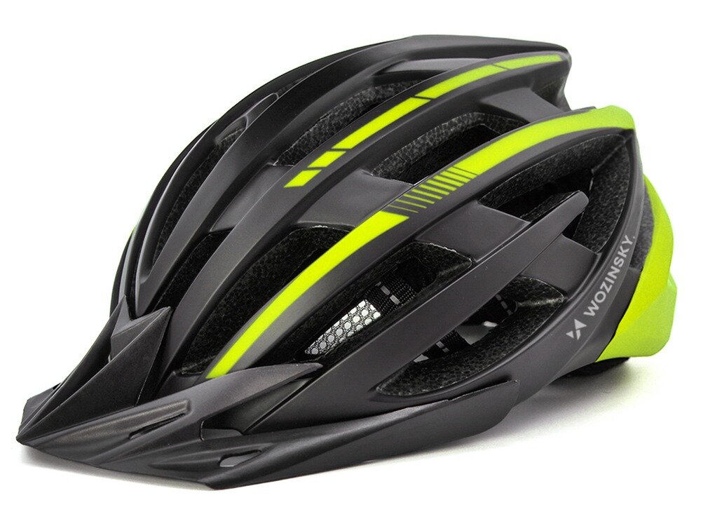 Czarno-żółty kask rowerowy z licznymi otworami wentylacyjnymi i napisem \'WOZINSKY\' na boku. Kask posiada aerodynamiczny kształt i elementy odblaskowe.