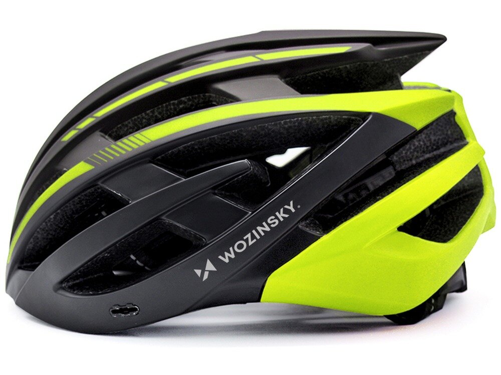 Czarno-żółty kask rowerowy z napisem \'WOZINSKY\' na boku. Kask ma aerodynamiczny kształt z otworami wentylacyjnymi.