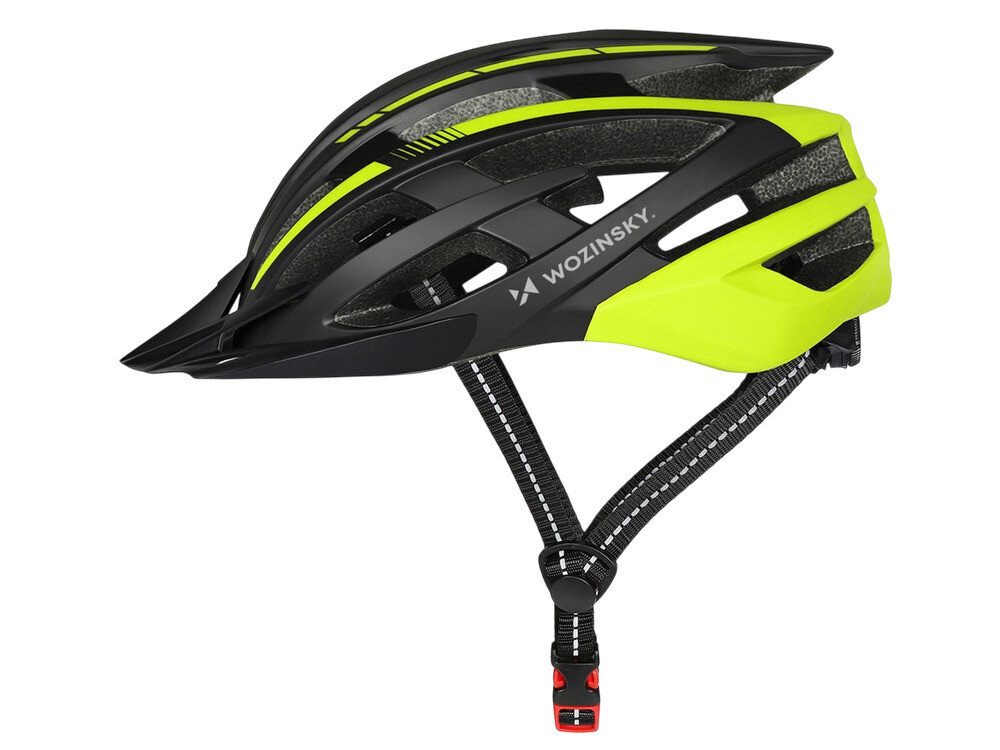 Czarno-żółty kask rowerowy z napisem \'WOZINSKY\' i lampką, posiada regulowane paski z zapięciem.