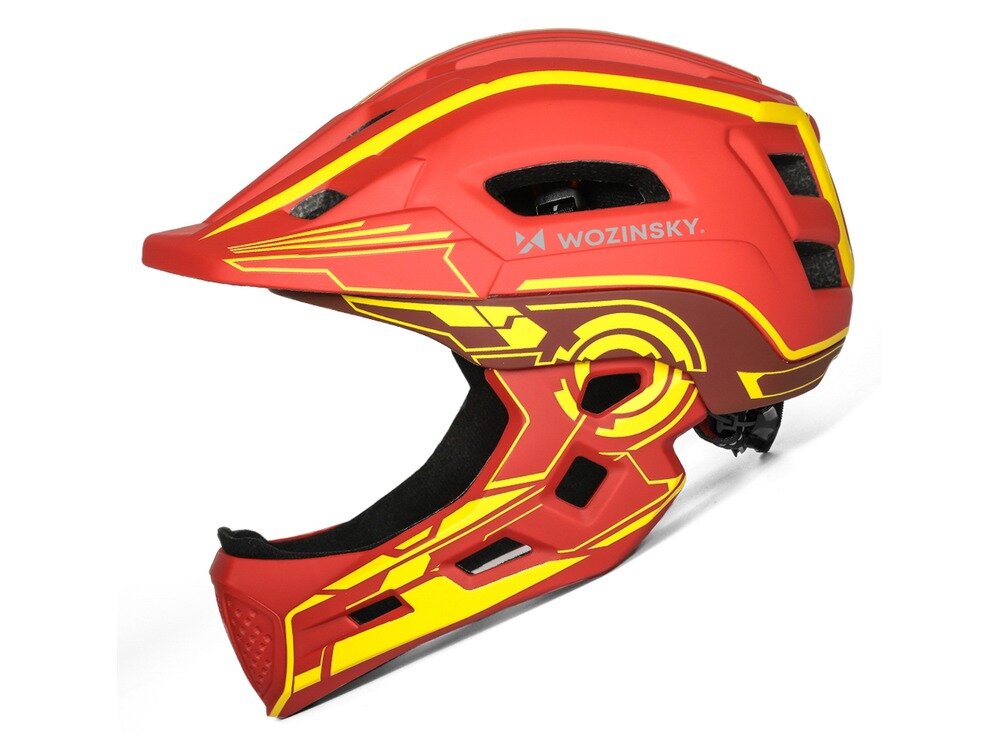 Kask rowerowy WOZINSKY HT-27CZ Czerwono-żółty Full Face dla Dzieci z odkręcaną szczęką i lampką (rozmiar uniwersalny), fullface, szczęka, ochrona, komfort, Czerwono-żółty kask rowerowy typu fullface z widoczną osłoną szczęki i otworami wentylacyjnymi lewy profil na białym tle