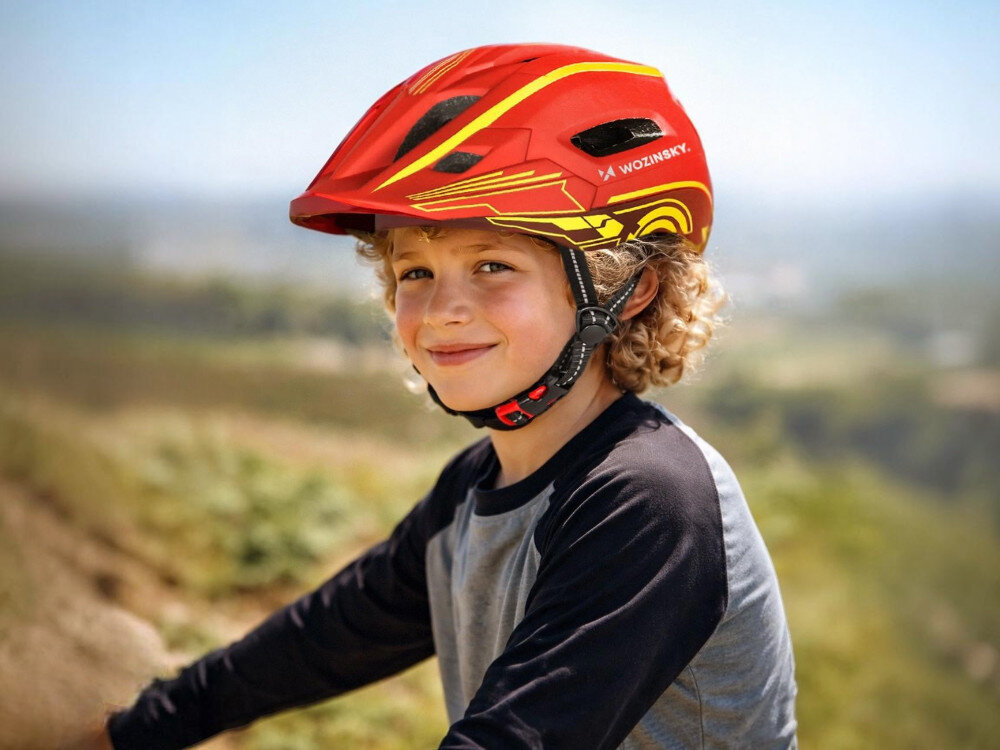 Kask rowerowy WOZINSKY HT-27CZ Czerwono-żółty Full Face dla Dzieci z odkręcaną szczęką i lampką (rozmiar uniwersalny), poliwęglan, eps, absorpcja, bezpieczeństwo, Chłopczyk z w kasku z odpiętą szczęką