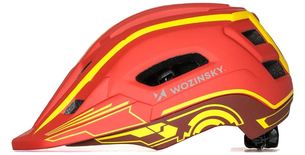 Kask rowerowy WOZINSKY HT-27CZ Czerwono-żółty Full Face dla Dzieci z odkręcaną szczęką i lampką (rozmiar uniwersalny), led, lampka, usb, widoczność, Profil kasku rowerowego Wozinsky bez szczęki na białym tle