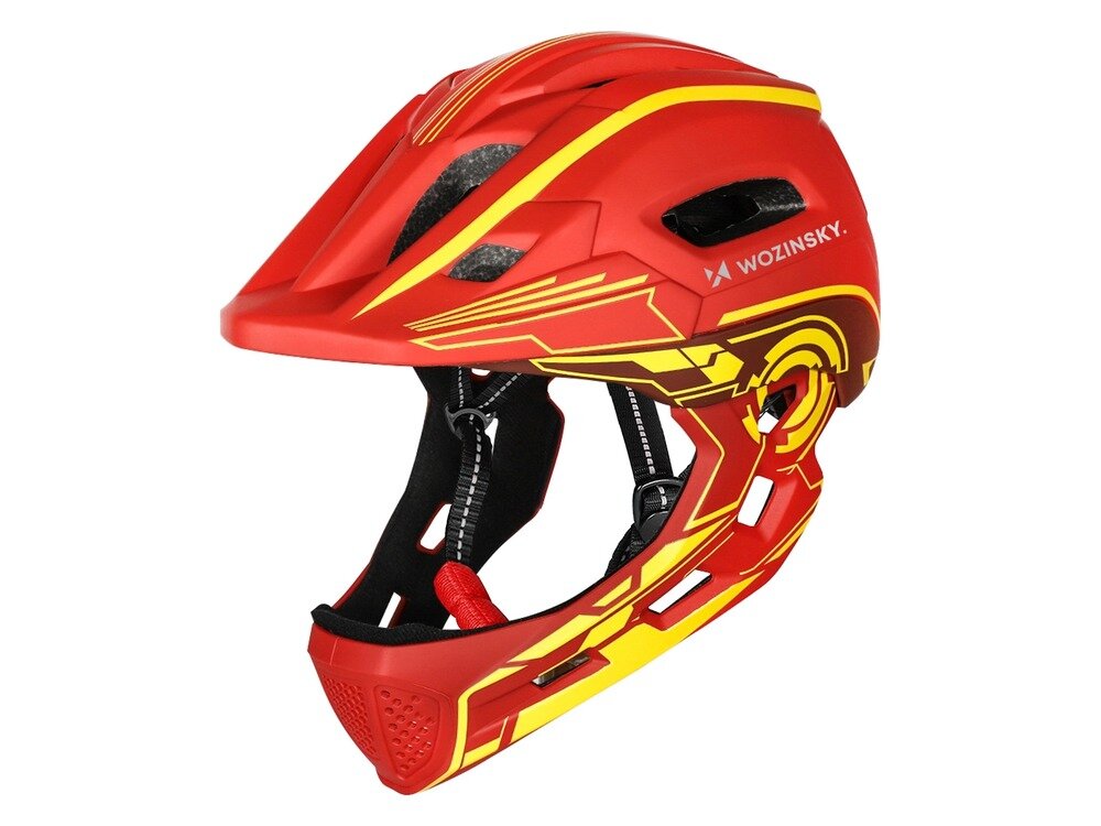 Kask rowerowy WOZINSKY HT-27CZ Czerwono-żółty Full Face dla Dzieci z odkręcaną szczęką i lampką (rozmiar uniwersalny), regulacja, dopasowanie, stabilność, wygoda, kask rowerowy frontem prawo skos z zamontowaną szczęką