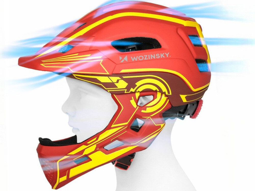 Kask rowerowy WOZINSKY HT-27CZ Czerwono-żółty Full Face dla Dzieci z odkręcaną szczęką i lampką (rozmiar uniwersalny), wentylacja, lekkość, chłodzenie, komfort, Kask rowerowy na głowie manekina z grafiką przedstawiającą przepływ powietrza przez otwory wentylacyjne.