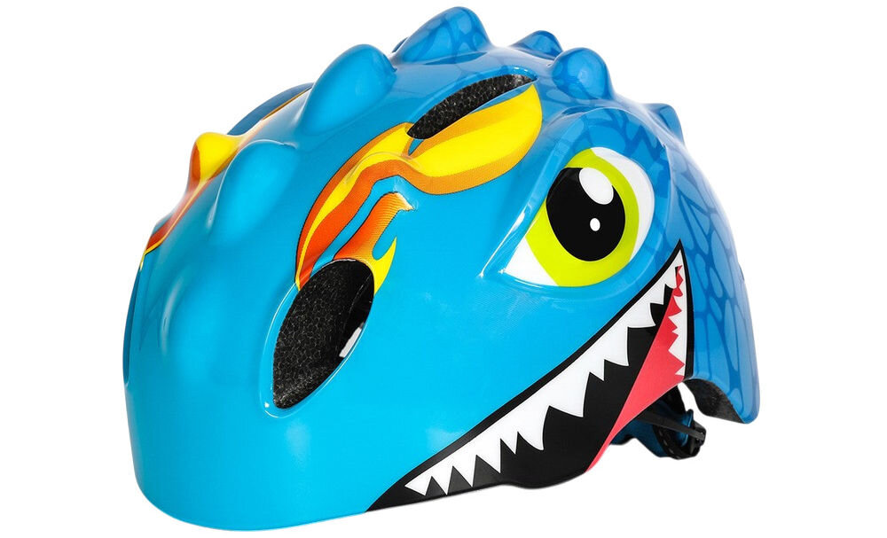 Kask rowerowy WOZINSKY Smok HT-006N Niebieski dla Dzieci (rozmiar S), uv, ochrona, wzrok, komfort, Widok z boku na niebieską osłonę głowy z motywem potwora.