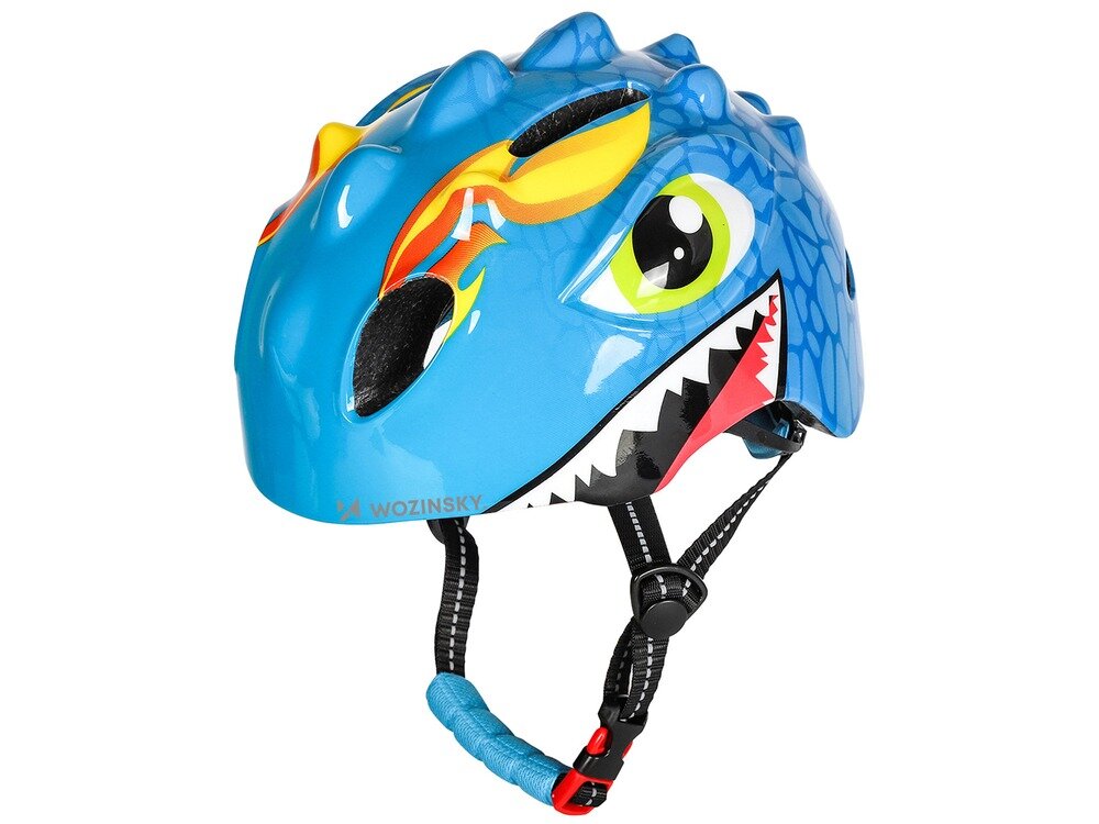 Kask rowerowy WOZINSKY Smok HT-006N Niebieski dla Dzieci (rozmiar S), poliwęglan, eps, ochrona, trwałość, Kask na białym tle frontem z paskiem prawo skos