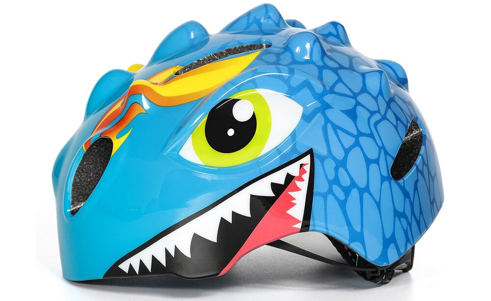 Kask rowerowy WOZINSKY Smok HT-006N Niebieski dla Dzieci (rozmiar S), lekkość, wentylacja, chłodzenie, komfort, Profil niebieskiej ochrony głowy z dużym okiem i zębami.
