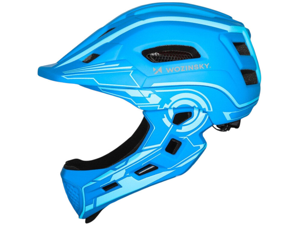 Kask rowerowy WOZINSKY HT-27N Niebieski Full Face dla Dzieci z odkręcaną szczęką i lampką (rozmiar uniwersalny), fullface, szczęka, ochrona, komfort, Czerwono-żółty kask rowerowy typu fullface z widoczną osłoną szczęki i otworami wentylacyjnymi lewy profil na białym tle