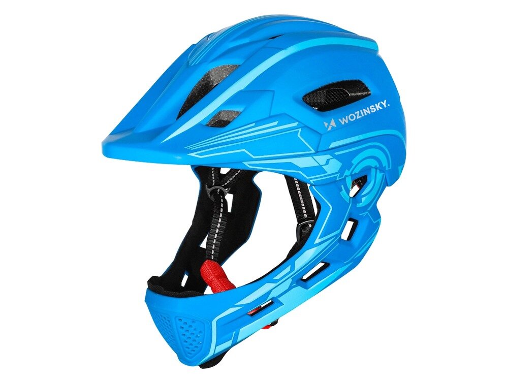 Kask rowerowy WOZINSKY HT-27N Niebieski Full Face dla Dzieci z odkręcaną szczęką i lampką (rozmiar uniwersalny), regulacja, dopasowanie, stabilność, wygoda, kask rowerowy frontem prawo skos z zamontowaną szczęką