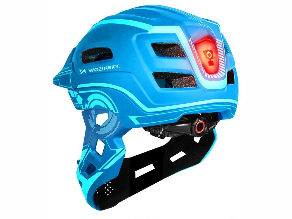 Kask rowerowy WOZINSKY HT-27N Niebieski Full Face dla Dzieci z odkręcaną szczęką i lampką (rozmiar uniwersalny), wentylacja, lekkość, chłodzenie, komfort, Kask rowerowy na białym tle od tylnej strony