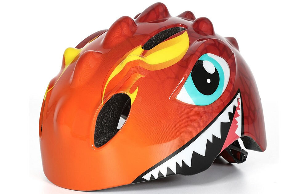 Kask rowerowy WOZINSKY Smok HT-006C Czerwony dla Dzieci (rozmiar S), uv, ochrona, wzrok, komfort, Widok z boku na czerwoną osłonę głowy z motywem potwora.