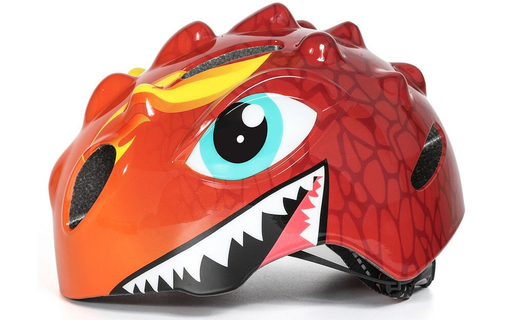 Kask rowerowy WOZINSKY Smok HT-006C Czerwony dla Dzieci (rozmiar S), lekkość, wentylacja, chłodzenie, komfort, Profil czerwonej ochrony głowy z dużym okiem i zębami.