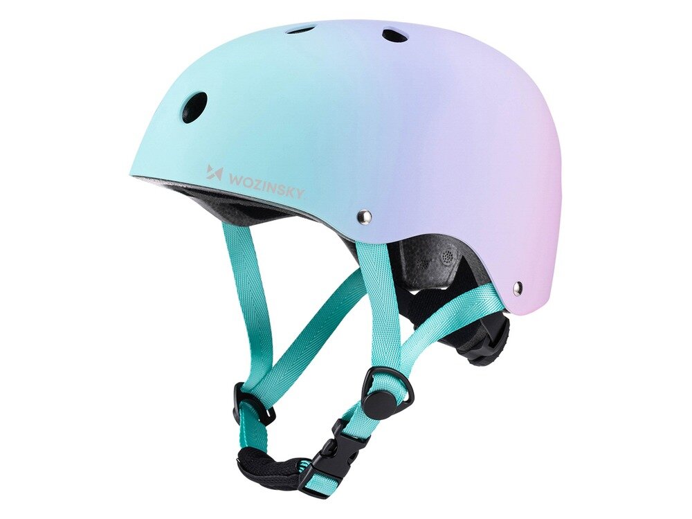 Kask rowerowy w kolorze niebiesko-fioletowym z logo WOZINSKY, posiada otwory wentylacyjne i regulowane paski w kolorze turkusowym.