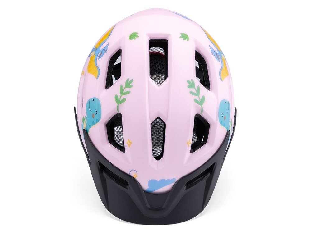Kask rowerowy WOZINSKY HT-45R Różowy dla Dzieci (rozmiar XS), poliwęglan, eps, amortyzacja, bezpieczeństwo, kask z dinozaurami widziany z góry.