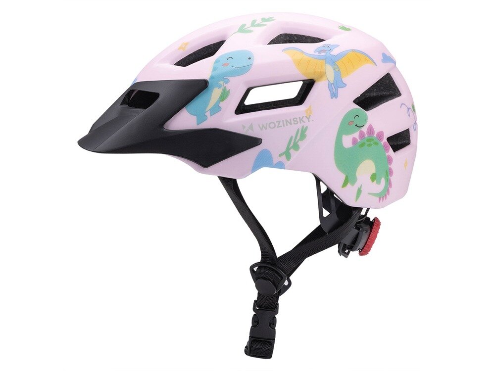 Kask rowerowy WOZINSKY HT-45R Różowy dla Dzieci (rozmiar XS), regulacja, dopasowanie, stabilność, komfort, kask dla dziecka z motywem dinozaurów.