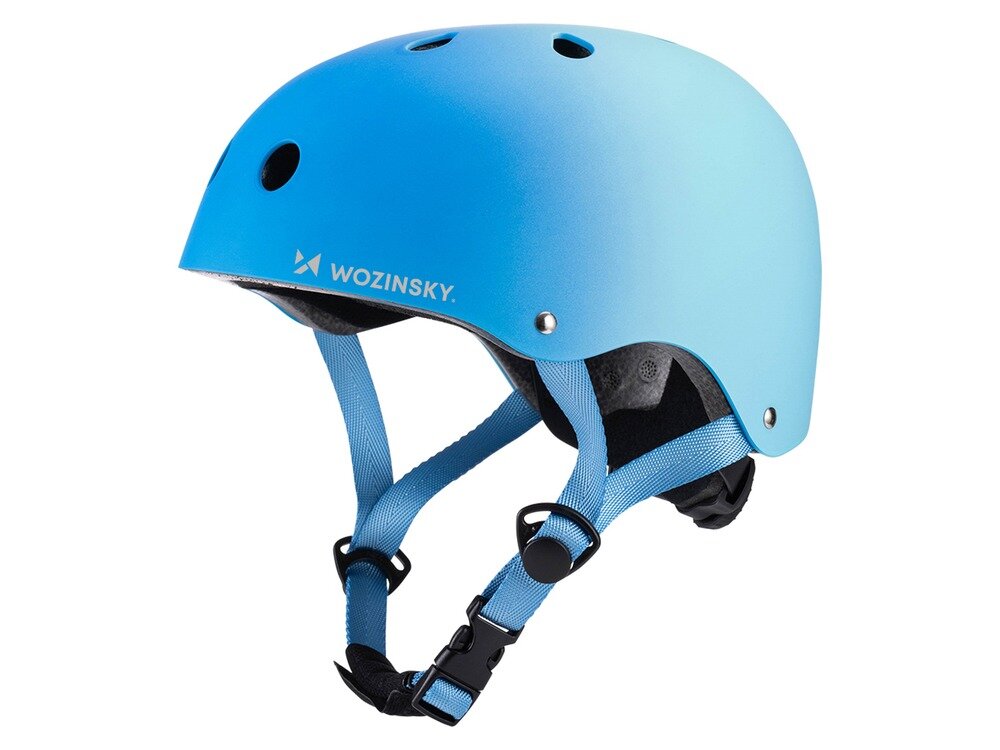 Niebieski kask rowerowy z logo \'WOZINSKY\' na boku. Posiada otwory wentylacyjne i regulowane paski z zapięciem.