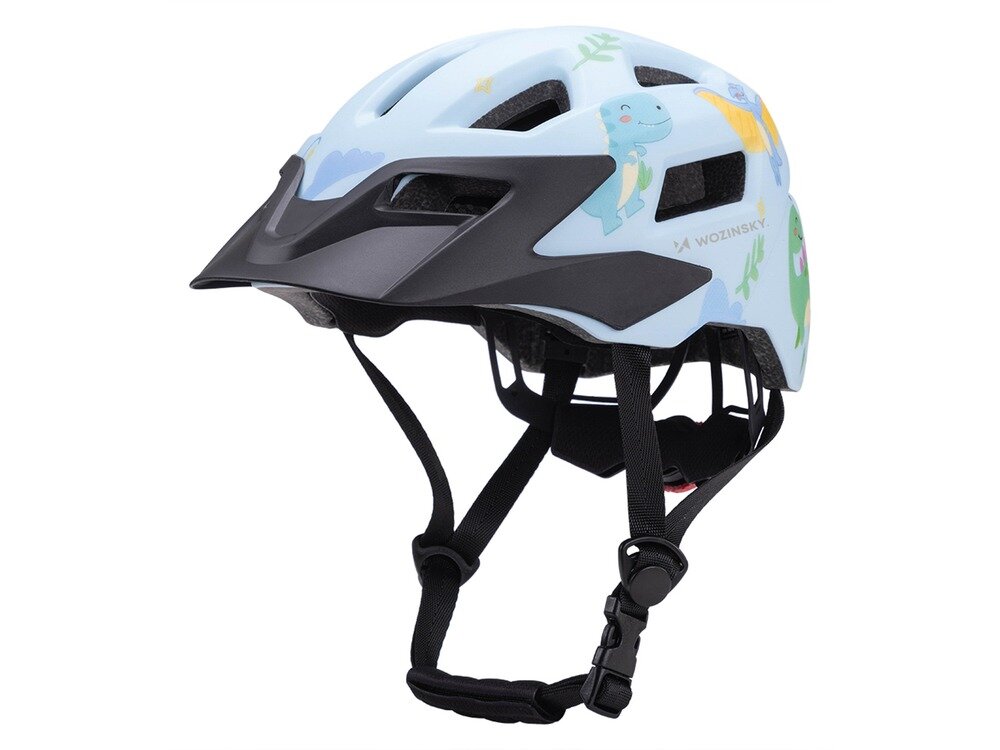 Jasnoniebieski kask rowerowy z czarnym daszkiem i kolorowymi grafikami dinozaurów. Na kasku widoczne jest logo \'WOZINSKY\'.