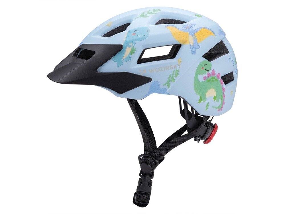 Jasnoniebieski kask rowerowy z kolorowymi grafikami dinozaurów i napisem \'WOZINSKY\'. Kask posiada czarne elementy ochronne i regulowane paski z zapięciem.