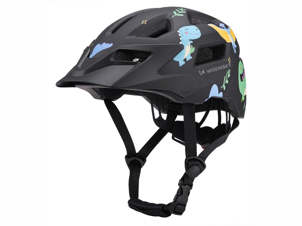 Czarny kask rowerowy z kolorowymi grafikami dinozaurów i logo \'WOZINSKY\'.