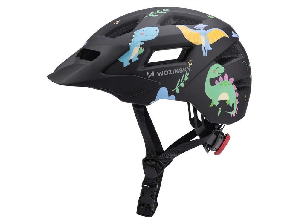 Czarny kask rowerowy z kolorowymi grafikami dinozaurów i logo \'WOZINSKY\'.