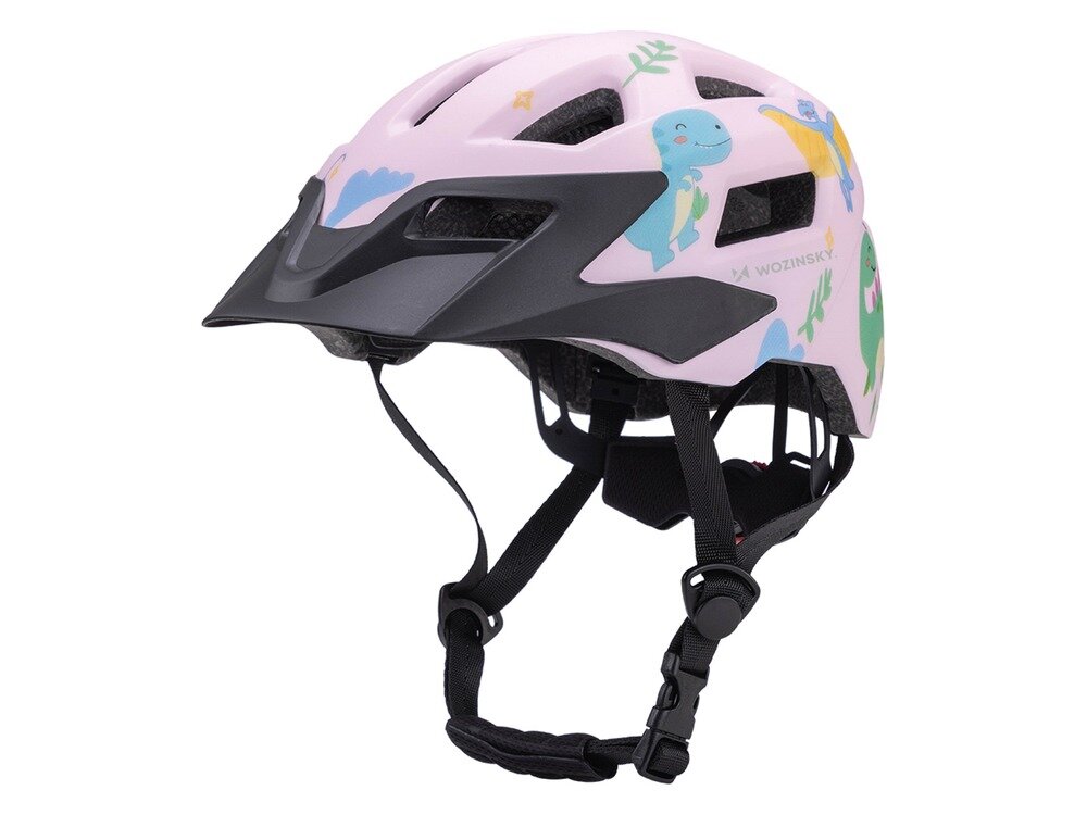 Różowy kask rowerowy z czarnymi elementami i kolorowymi grafikami dinozaurów. Na kasku widoczne jest logo \'WOZINSKY\'.