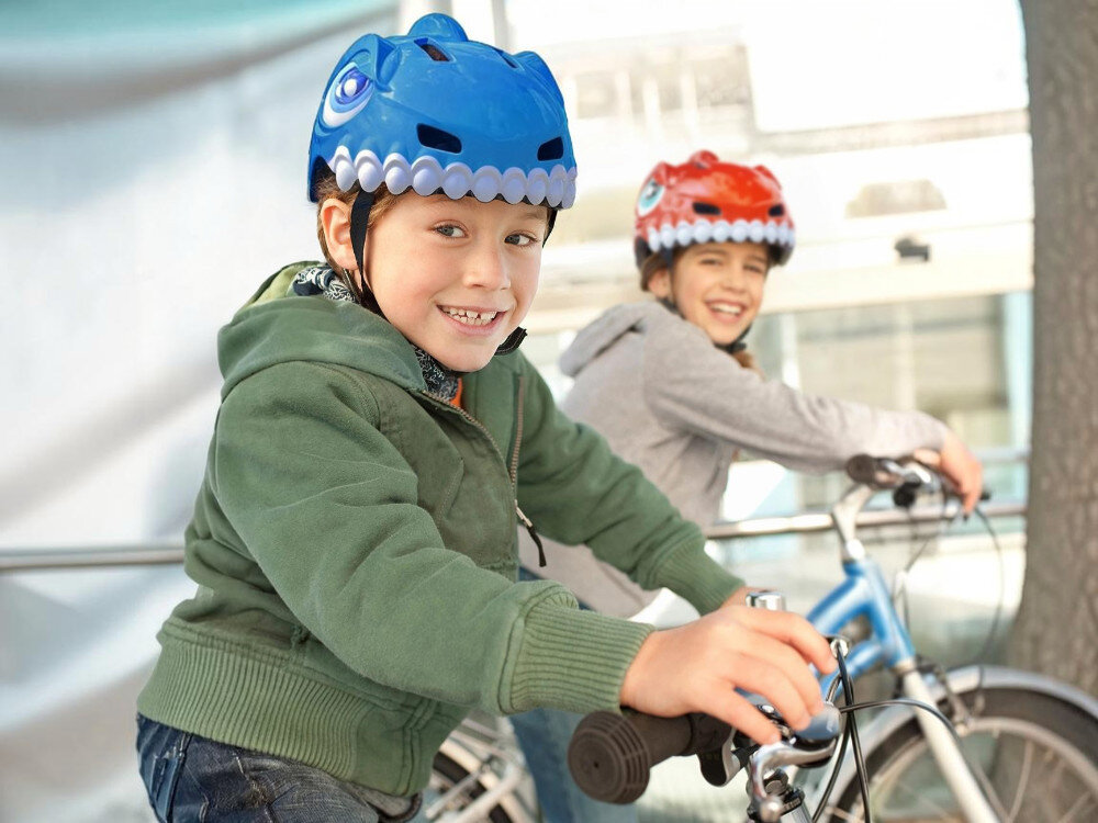Kask rowerowy WOZINSKY Dinozaur HT-62N Niebieski dla Dzieci (rozmiar S), kask, dziecko, rower, bezpieczeństwo, Uśmiechnięte dzieci na rowerach w kolorowych kaskach.