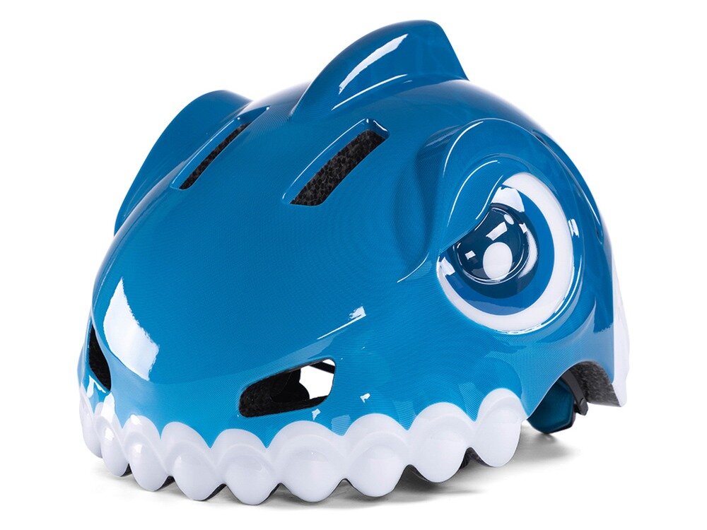 Kask rowerowy WOZINSKY Dinozaur HT-62N Niebieski dla Dzieci (rozmiar S), uv, ochrona, wzrok, komfort, Widok z boku na niebieską osłonę głowy z motywem potwora.