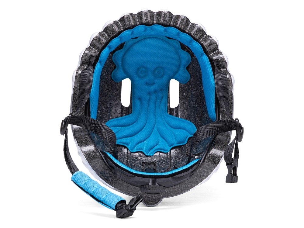 Kask rowerowy WOZINSKY Dinozaur HT-62N Niebieski dla Dzieci (rozmiar S), poliwęglan, eps, ochrona, trwałość, Wnętrze niebieskiej osłony z miękką wyściółką i wzorem.