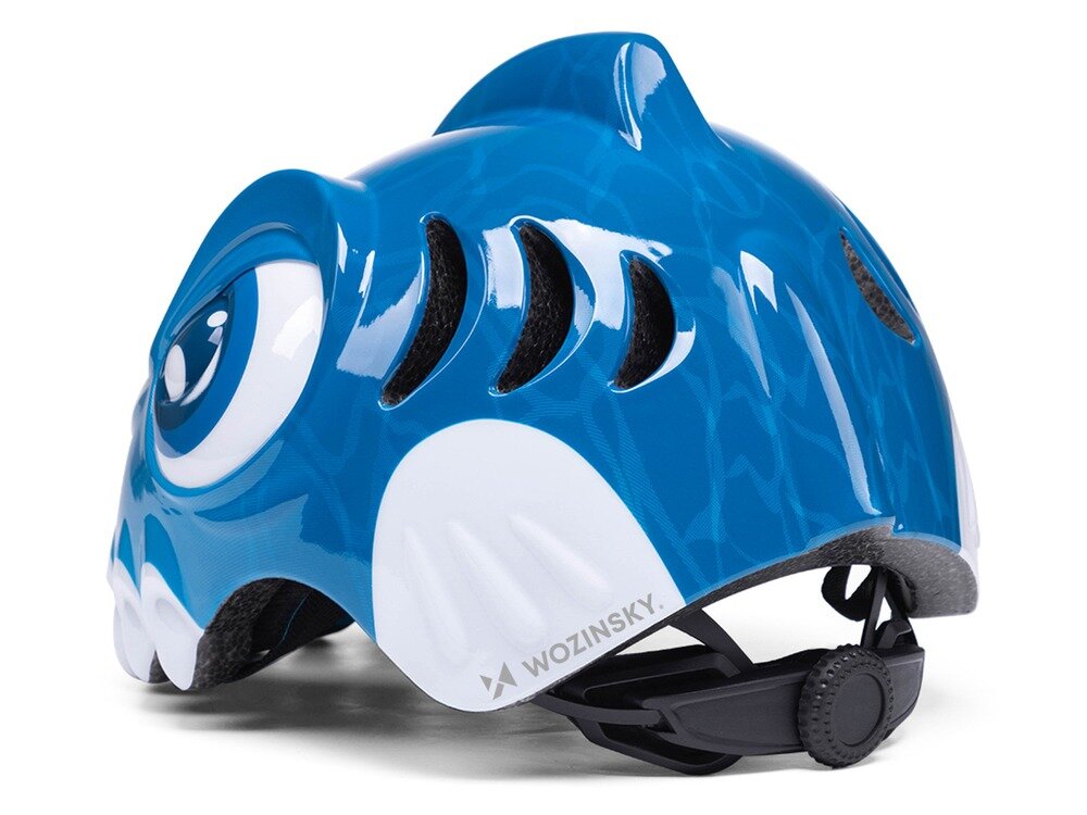 Kask rowerowy WOZINSKY Dinozaur HT-62N Niebieski dla Dzieci (rozmiar S), regulacja, dopasowanie, stabilność, wygoda, Tył niebieskiej osłony z wentylacją i systemem regulacji.