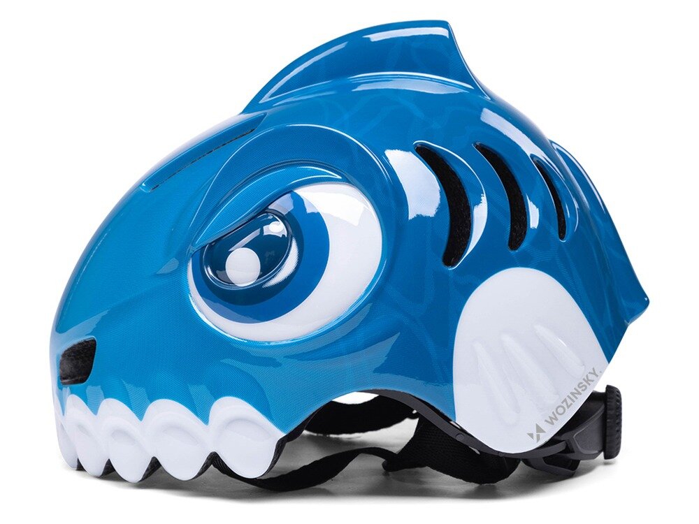 Kask rowerowy WOZINSKY Dinozaur HT-62N Niebieski dla Dzieci (rozmiar S), lekkość, wentylacja, chłodzenie, komfort, Profil niebieskiej ochrony głowy z dużym okiem i zębami.