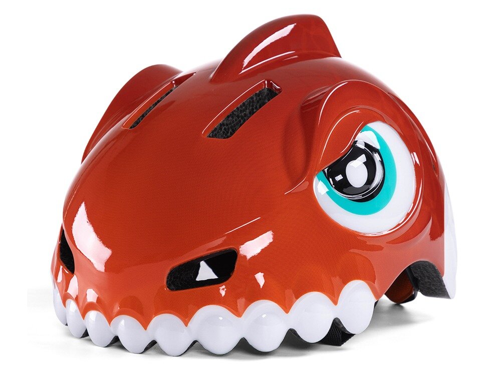 Kask rowerowy WOZINSKY Dinozaur HT-62C Czerwony dla Dzieci (rozmiar S), uv, ochrona, wzrok, komfort, Widok z boku na czerwoną osłonę głowy z motywem potwora.