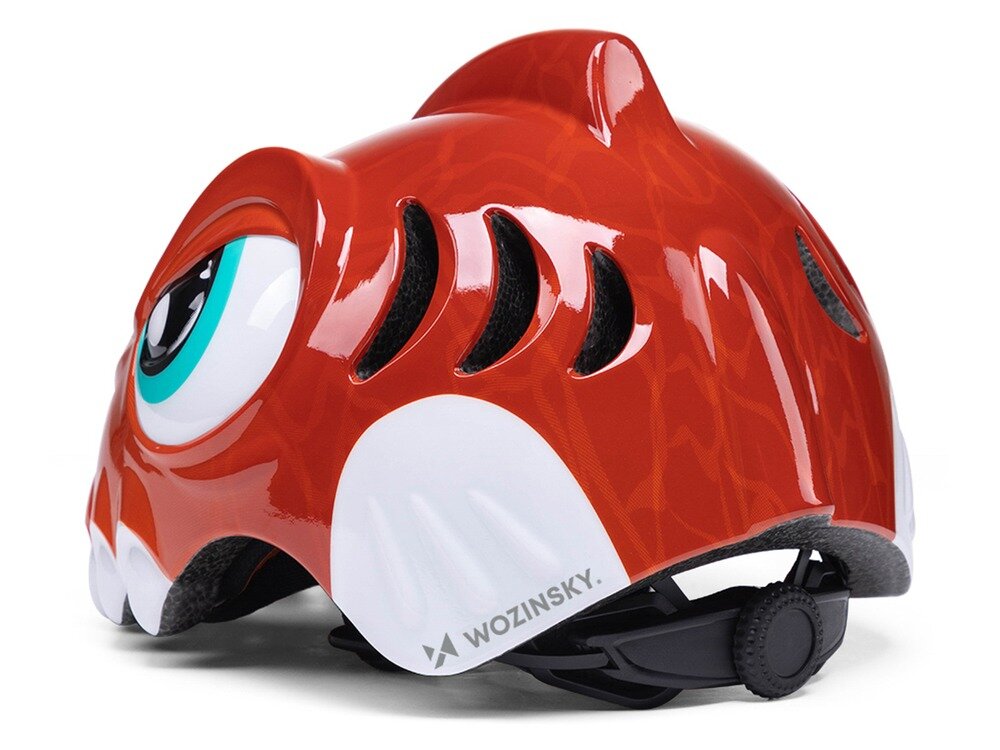 Kask rowerowy WOZINSKY Dinozaur HT-62C Czerwony dla Dzieci (rozmiar S), regulacja, dopasowanie, stabilność, wygoda, Tył czerwonej osłony z wentylacją i systemem regulacji.