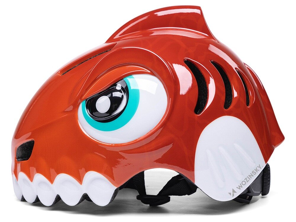 Kask rowerowy WOZINSKY Dinozaur HT-62C Czerwony dla Dzieci (rozmiar S), lekkość, wentylacja, chłodzenie, komfort, Profil czerwonej ochrony głowy z dużym okiem i zębami.