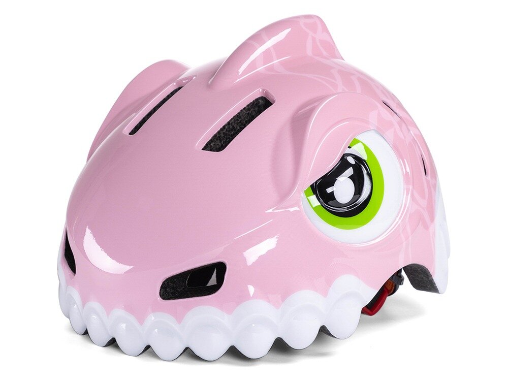 Kask rowerowy WOZINSKY Dinozaur HT-62R Różowy dla Dzieci (rozmiar S), uv, ochrona, wzrok, komfort, Widok z boku na różową osłonę głowy z motywem potwora.