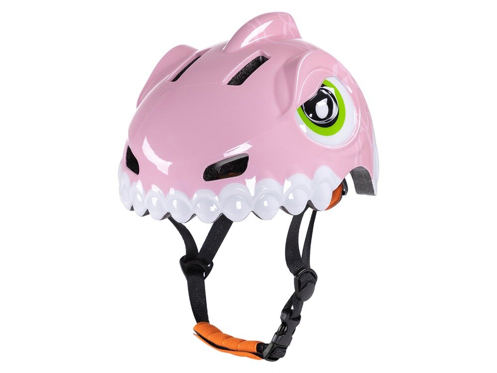 Kask rowerowy WOZINSKY Dinozaur HT-62R Różowy dla Dzieci (rozmiar S), poliwęglan, eps, ochrona, trwałość, Kask na białym tle frontem z paskiem prawo skos