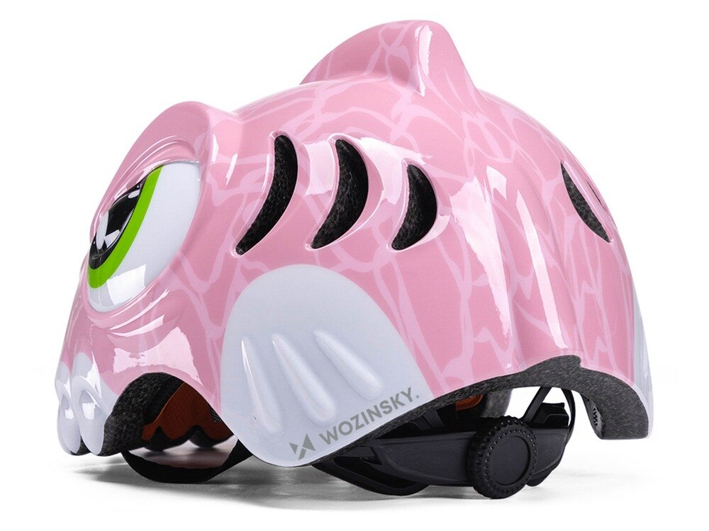 Kask rowerowy WOZINSKY Dinozaur HT-62R Różowy dla Dzieci (rozmiar S), regulacja, dopasowanie, stabilność, wygoda, Tył różowej osłony z wentylacją i systemem regulacji.