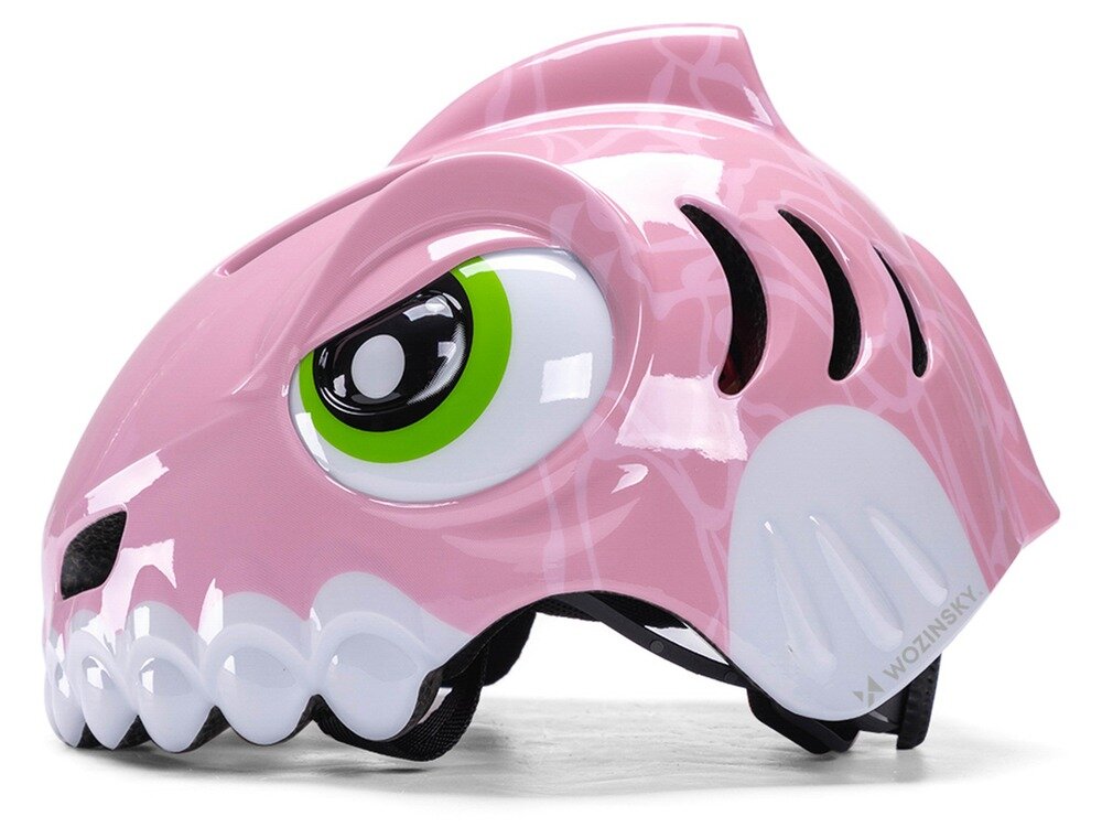 Kask rowerowy WOZINSKY Dinozaur HT-62R Różowy dla Dzieci (rozmiar S), lekkość, wentylacja, chłodzenie, komfort, Profil różowej ochrony głowy z dużym okiem i zębami.