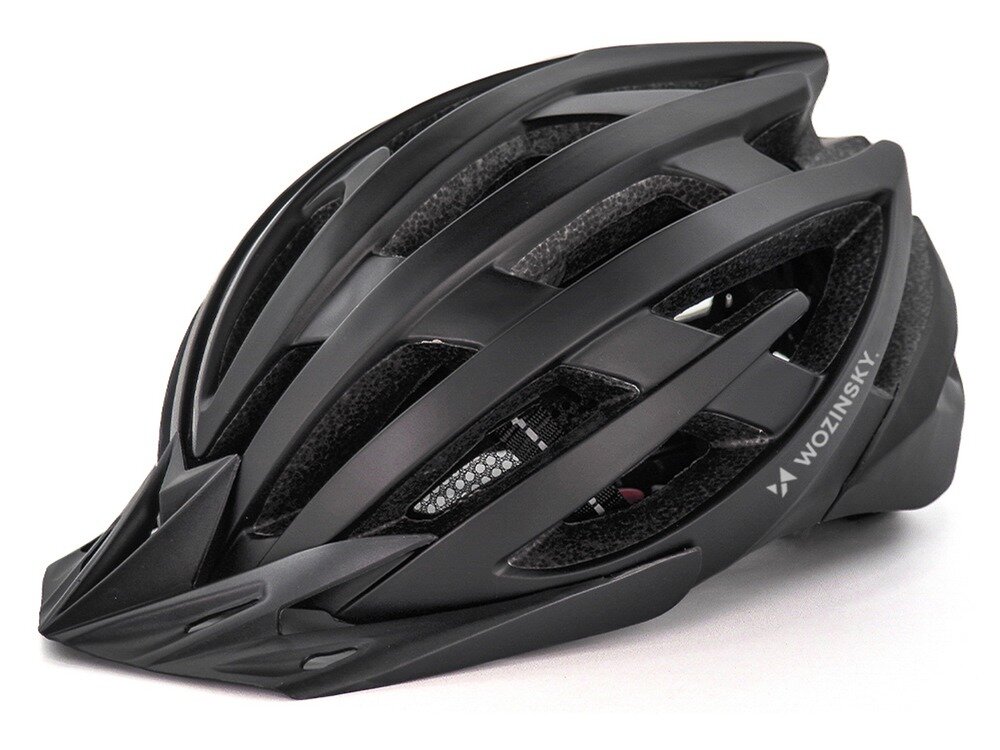 Czarny kask rowerowy z licznymi otworami wentylacyjnymi i napisem \'WOZINSKY\' na boku. Kask posiada aerodynamiczny kształt i zintegrowaną lampkę.