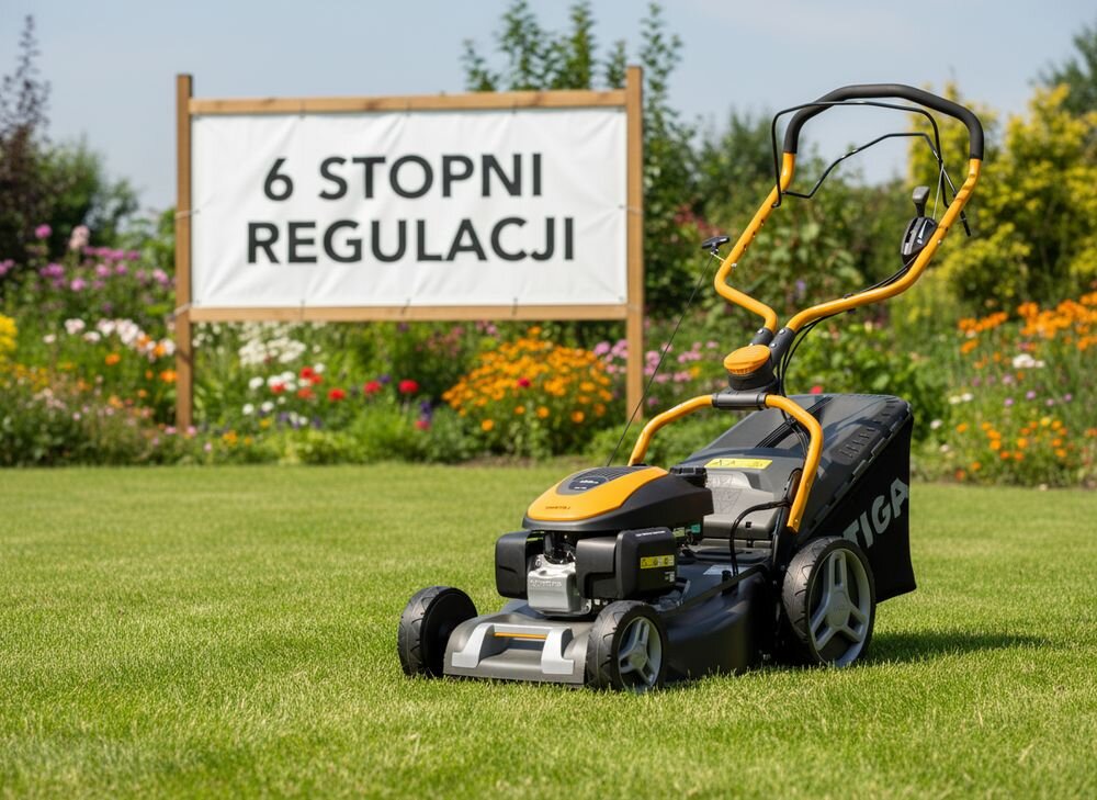 Na trawniku stoi kosiarka spalinowa z widocznym logo STIGA. W tle znajduje się tablica z napisem \'6 STOPNI REGULACJI\'.