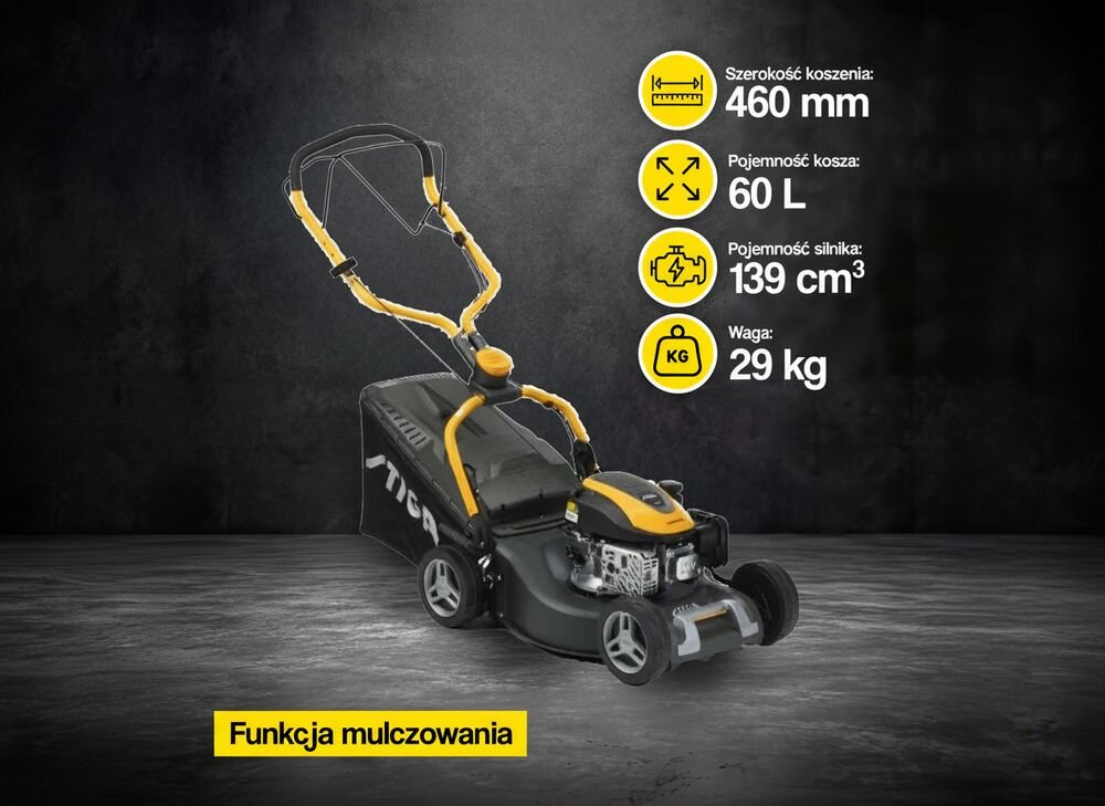 Na obrazie znajduje się kosiarka spalinowa z żółtymi elementami, obok której widnieją informacje: Szerokość koszenia: 460 mm, Pojemność kosza: 60 L, Pojemność silnika: 139 cm3, Waga: 29 kg. Na dole znajduje się napis \'Funkcja mulczowania\'.
