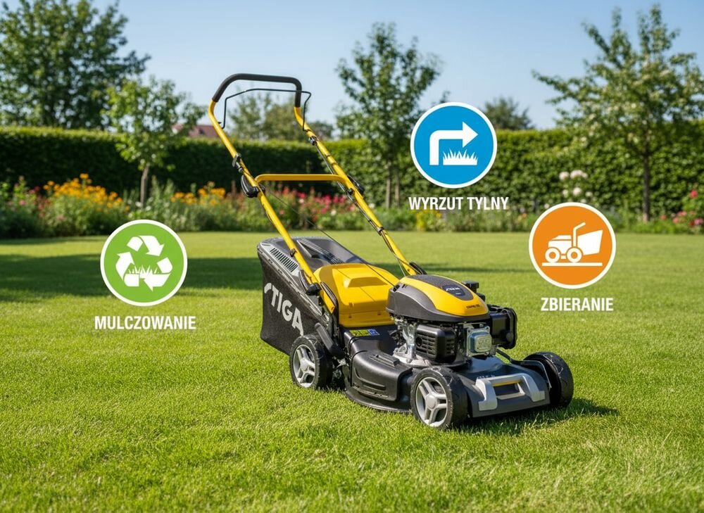Na trawniku znajduje się kosiarka spalinowa z widocznym logo \'STIGA\'. Obok niej są trzy ikony z napisami: \'MULCZOWANIE\', \'WYRZUT TYLNY\', \'ZBIERANIE\'.